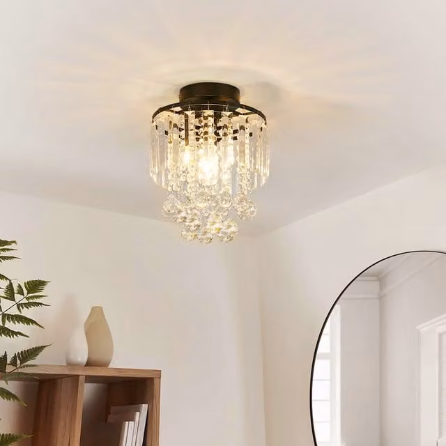 Livingandhome Crystal and Metal Cylinder Ceiling Light in Black and Transparent