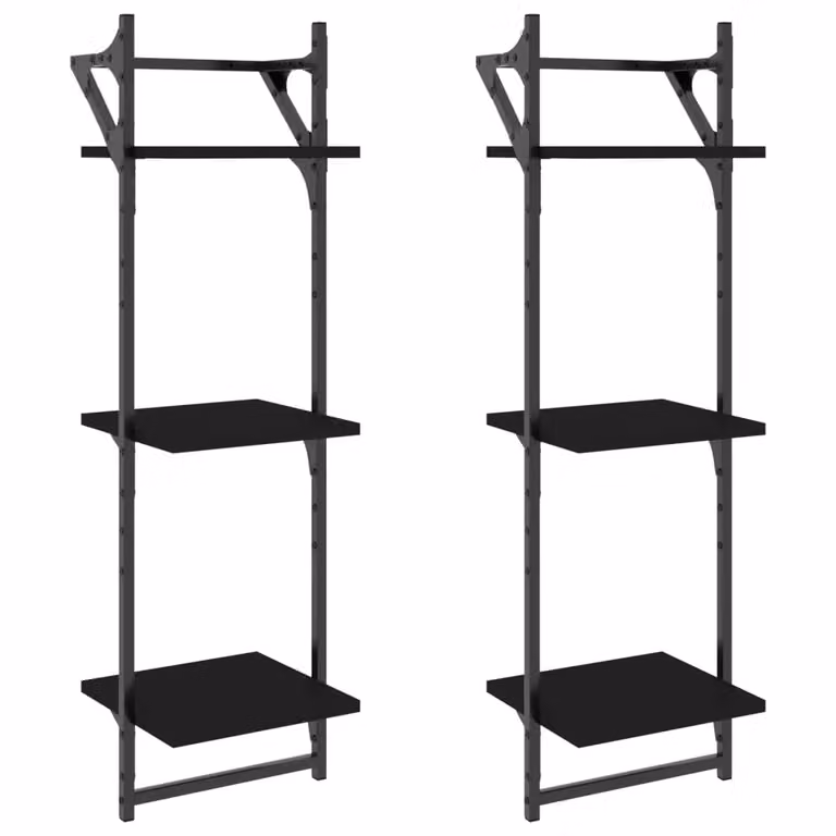 Berkfield Home 3-Tier Wall Mounted Shelves with Hanging Rods, 2 Pack, Black, W/D/H: 30 x 25 x 100 cm