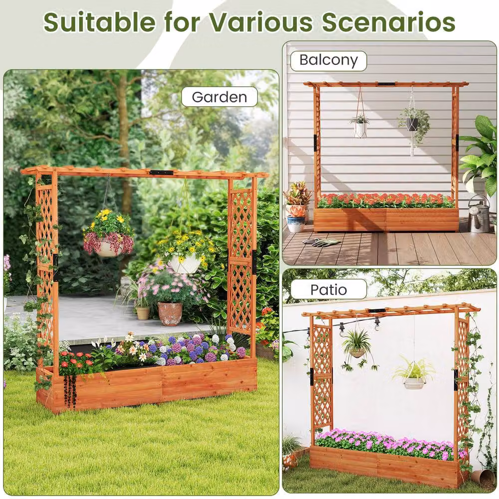 Costway Wooden Raised Garden Bed Planter Box with Trellis in Brown, W/D/H: 182.0 x 174.0 x 41.0 cm – 8