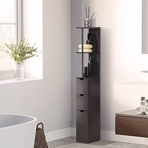 HOMCOM Freestanding Tall Bathroom and Kitchen Storage Cabinet in Brown with Internal Shelves and Drawers – 2