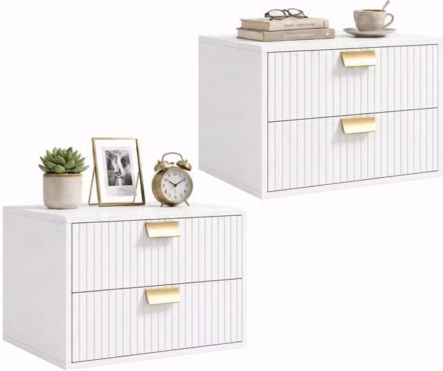 HOMCOM Set of 2 Modern White Wall-Mounted Floating Nightstands with 2 Drawers