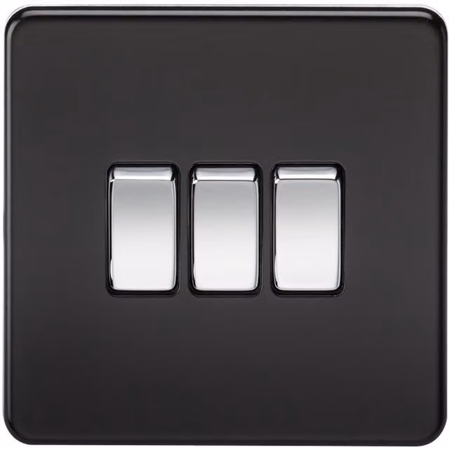 Knightsbridge Screwless 10AX 3G 2-Way Flush Switch in Matt Black with Chrome Rocker