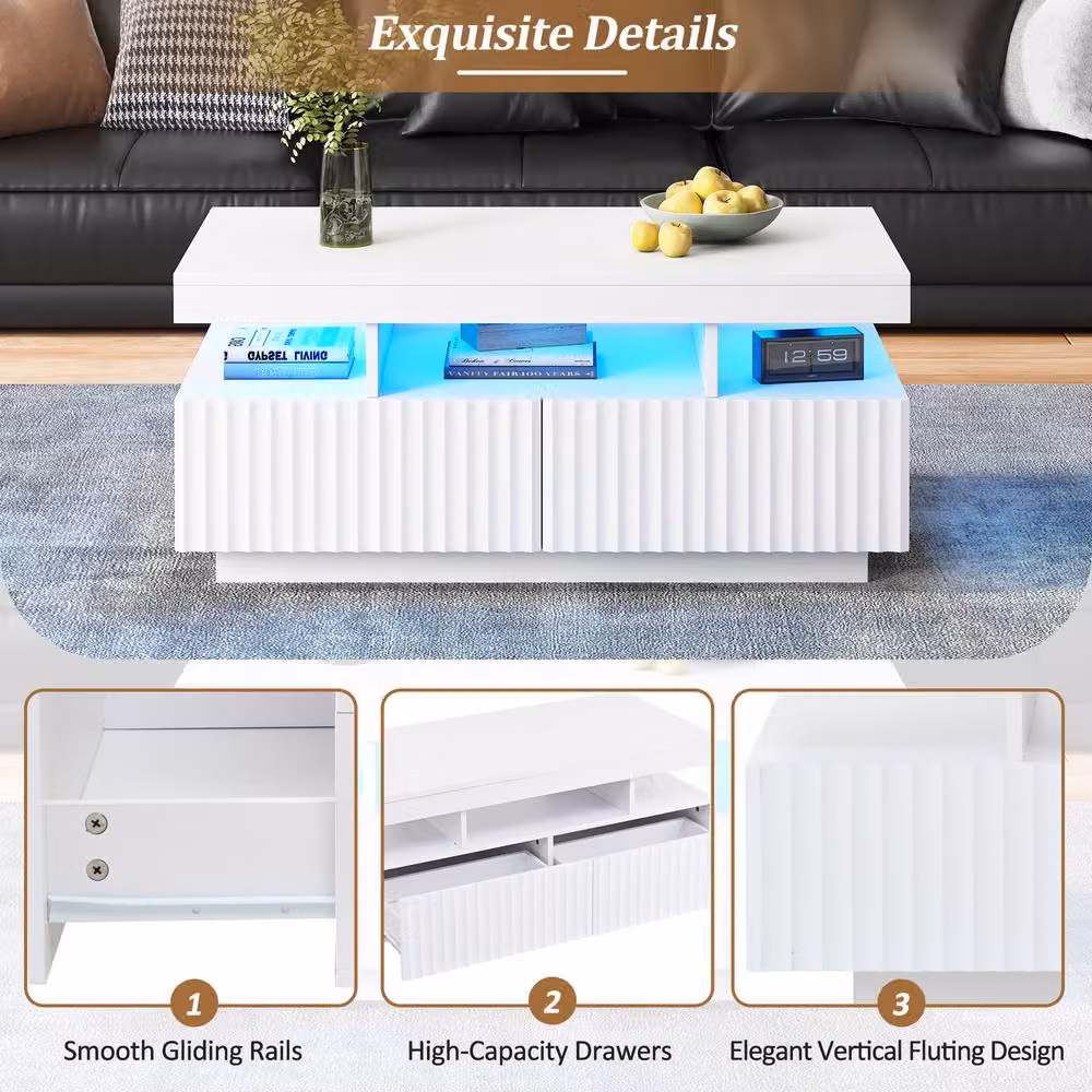 Merax White Modern LED Coffee Table with Fluted Drawers and Open Shelf W/D/H: 120 x 60 x 45 cm – 3