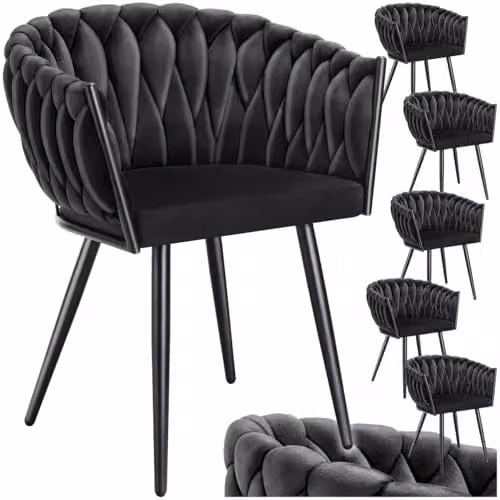 tectake Set of 6 Astano Dining Chairs in Black Velvet with Metal Legs and Knot Design – 1