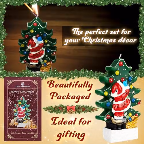 Deco Express Christmas Santa and Christmas Tree Festive Candle in Multicolour and Green, W/D/H: 19.5 x 11.5 x 11.5 cm – 6