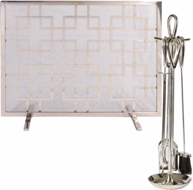 Dibor Contemporary Nickel 4pc Freestanding Fireside Companion Set with Fire Screen Guard in Silver