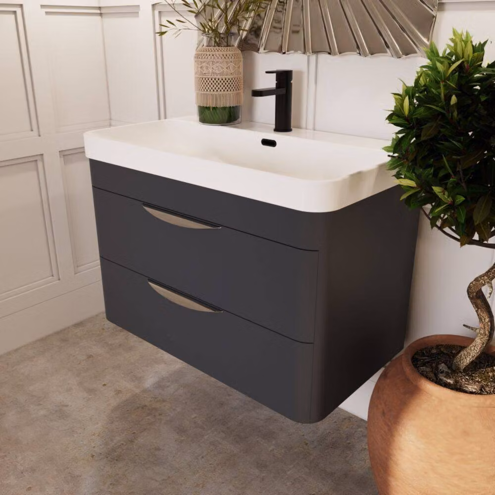 Balterley Wave 800mm Wall Hung 2 Drawer Unit and Thin-Edge Ceramic Basin in Matt Dark Grey – 4