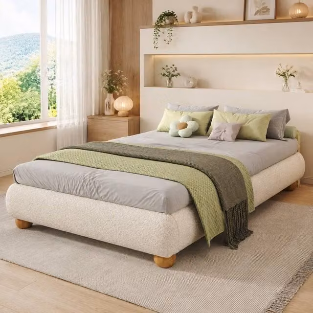 STILVORA Single Upholstered Bed in Beige, W/D/H: 90 x 190 x 30 cm – 1