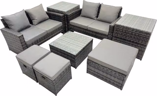 Fimous Lounge Double Seat Sofa Coffee Table Set with 2 Side Tables and 3 Stools in Dark Grey