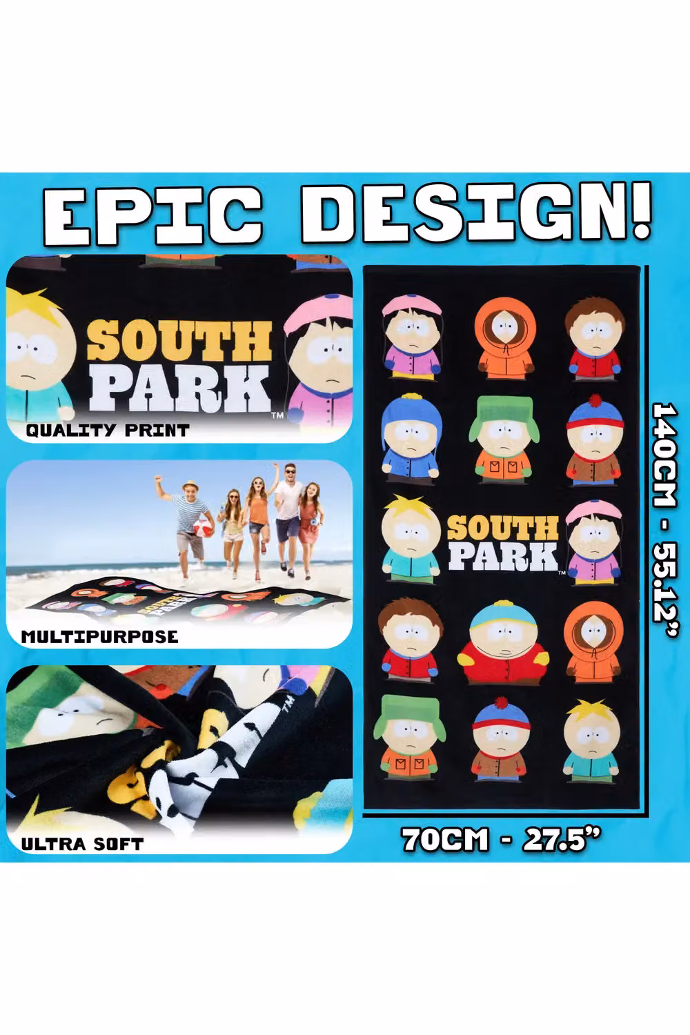 United Essentials South Park Graphic Beach Towel, Multicolour and Black, 100% Cotton, W/H: 140 x 70 cm – 12