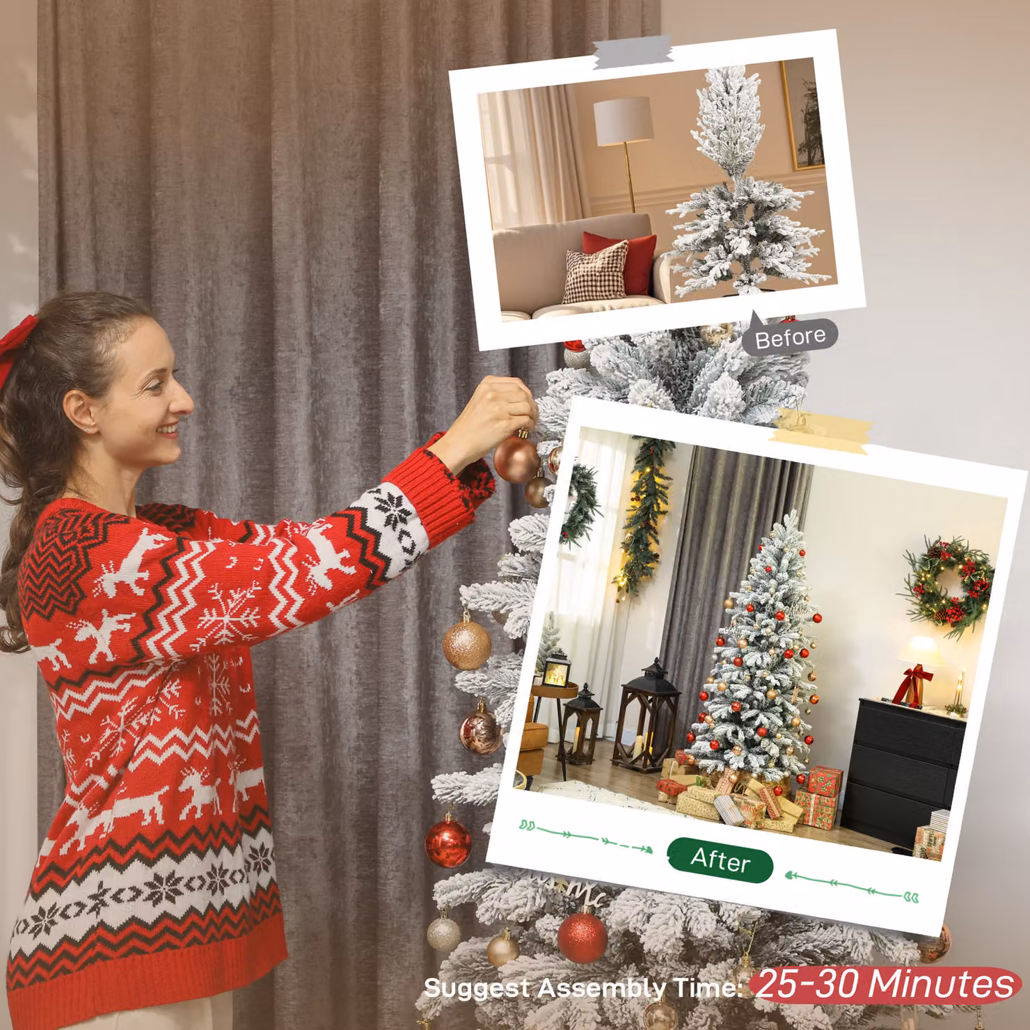 HOMCOM 6ft Flocked Artificial Christmas Tree in Green and White – 7