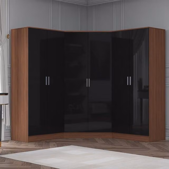 REFLECT Black Gloss and Matt Walnut Wardrobe Bundle featuring one Corner Wardrobe and two 2-Door Wardrobes