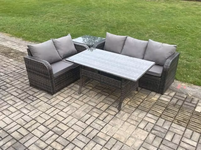Fimous Dark Grey Wicker Rattan Outdoor Garden Furniture Set with Rectangular Dining Table, Lounge Sofa and Side Table