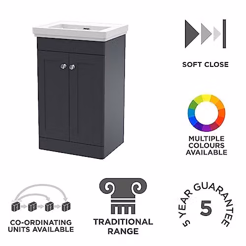 nuie Classique CLC1423H Floor Standing 2 Door Vanity Unit and Fireclay Basin with 0 Tap Holes, Satin Anthracite – 2