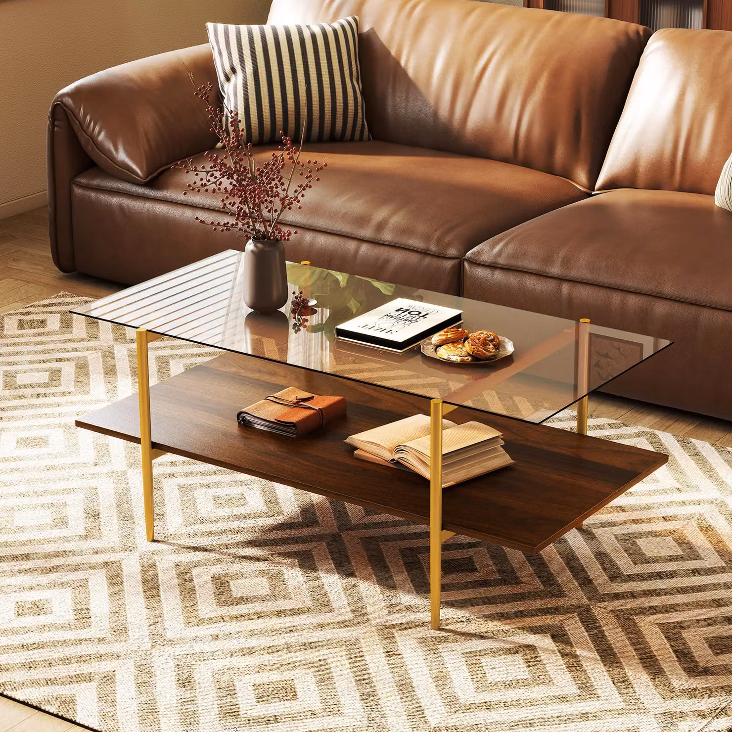 Costway 2-Tier Rectangular Glass Coffee Table with Storage Shelf in Brown and Gold – 9