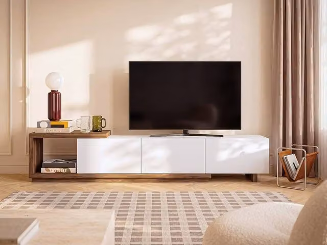 Vente-unique Modern TV Stand with 3 Drawers and 1 Open Compartment, White and Light Oak, W/D/H: 200 x 40 x 40 cm