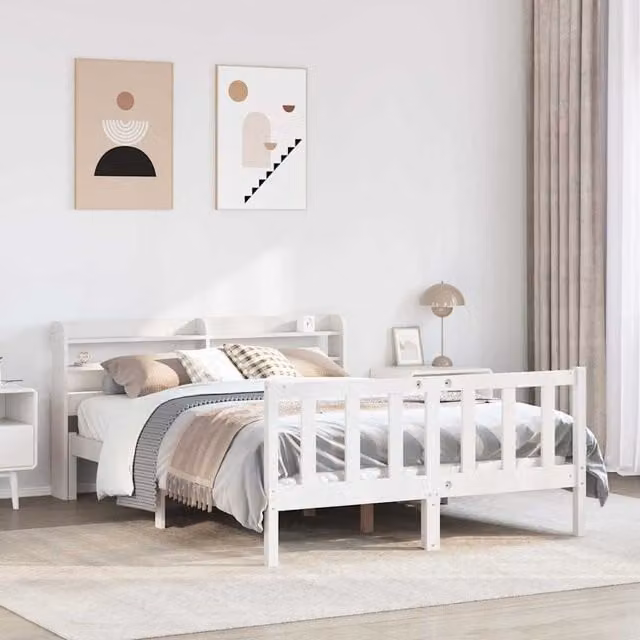 Berkfield Home White Solid Wood Pine Bed Frame with Side Compartments W/D/H: 140 x 190 cm