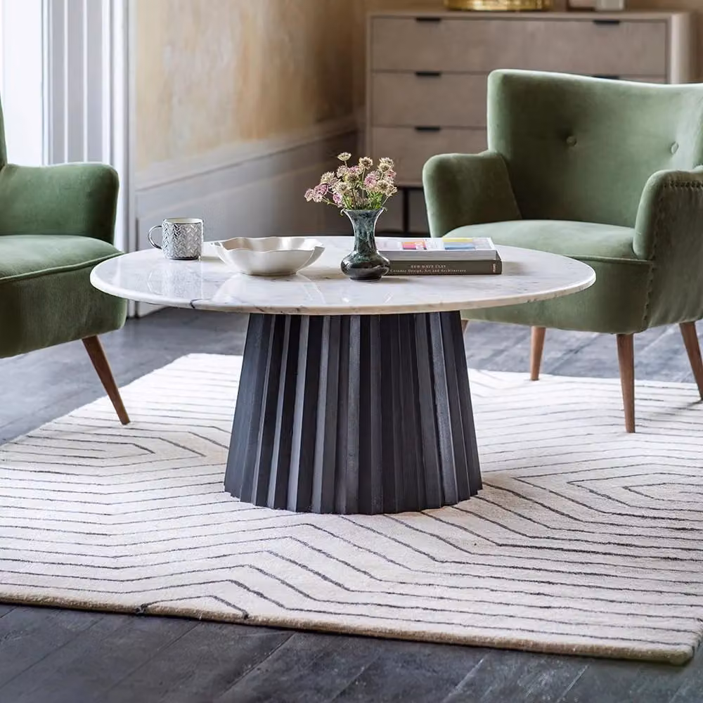Atkin & Thyme Round Black and White Marble Coffee Table with Mango Wood Base