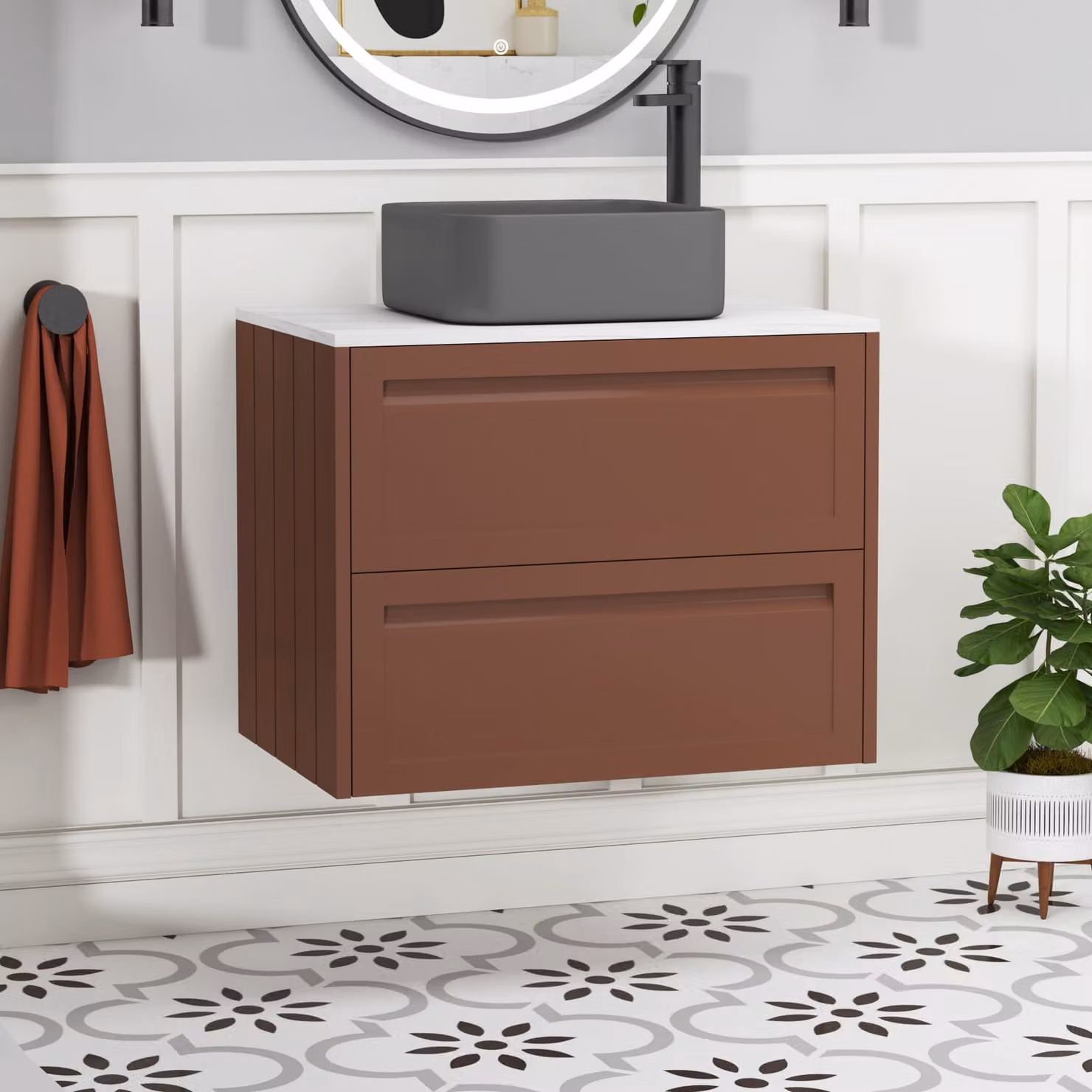Royal Bathrooms Elmore 700mm Terracotta Clay Wall Hung Vanity Unit with 2 Drawers and Art Square Basin