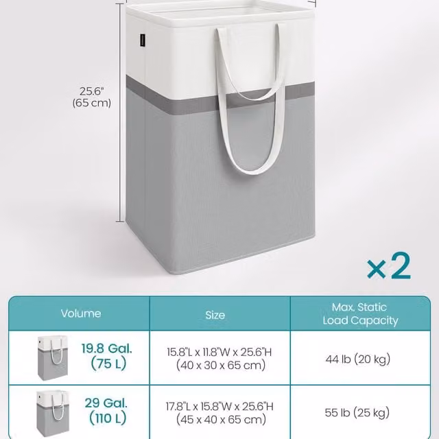 SONGMICS Set of 2 Collapsible Cotton Fabric Laundry Baskets with Handles, Grey, 110L
