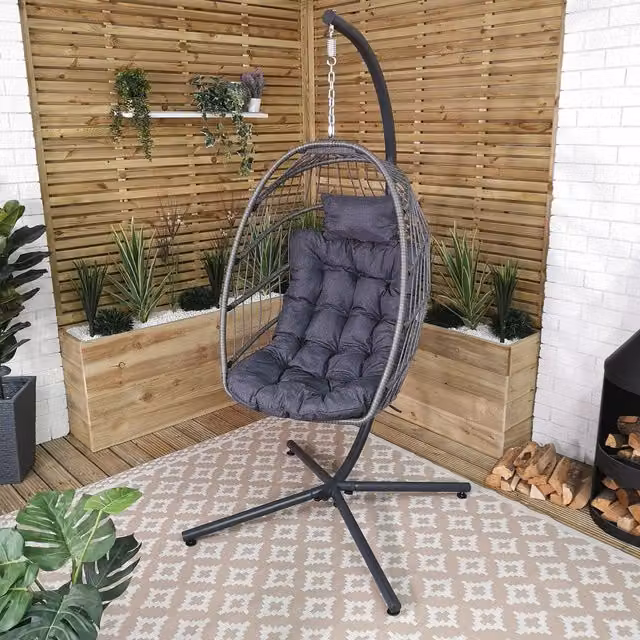 Samuel Alexander Grey Rattan Egg Chair with Powder Coated Steel Stand, Cushions and Weatherproof Cover