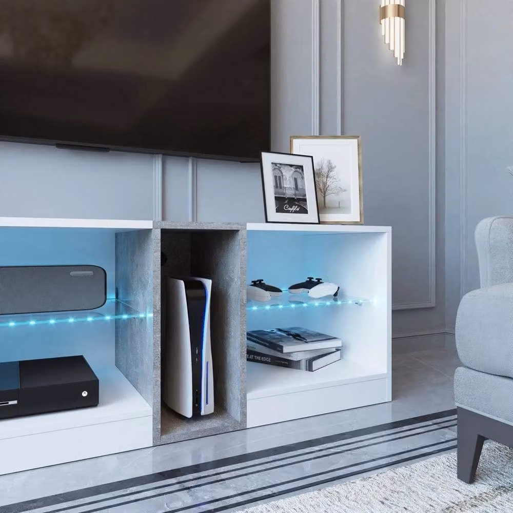 KORVIXA Minimalist White LED TV Cabinet with Integrated Lighting and Glass Details, W: 140 cm, D: 100 cm, H: 100 cm – 4