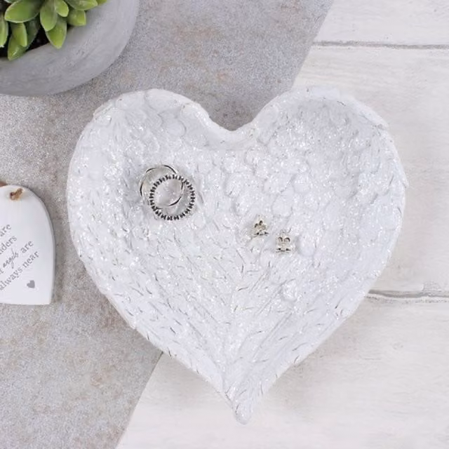 KDMK Angel Wing Heart Trinket Dish and Jewelry Organiser in White with Glitter Finish