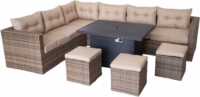 FURNITURE ONE 9 Seater L-Shape Rattan Corner Fire Pit Table Set in Beige