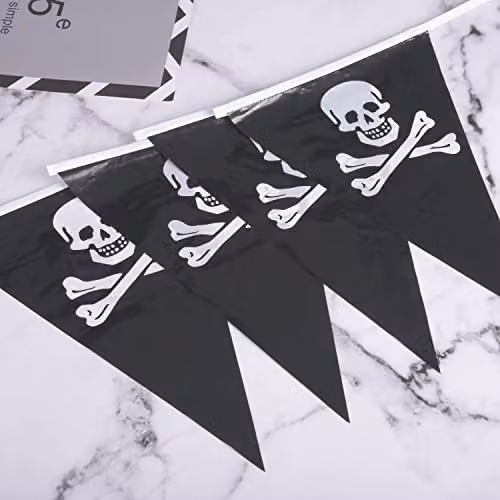 Shatchi Pirate Skull and Crossbones Plastic Bunting Pennant Garland in Black, White and Multicolour for Halloween, Birthday and Maritime Themed Parties – 7