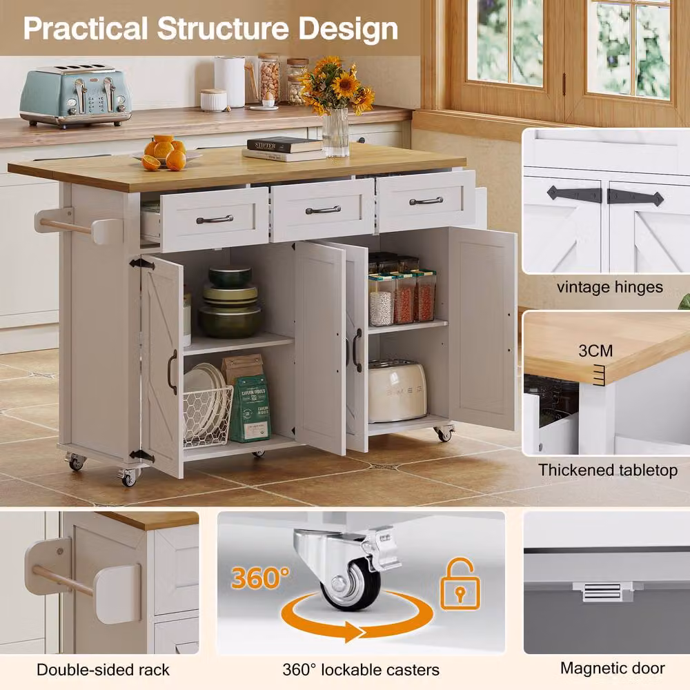 Merax White Mobile Kitchen Island Storage Trolley with Foldable Wood MDF Worktop, H 90.5 x W 140 x D 40 cm – 2