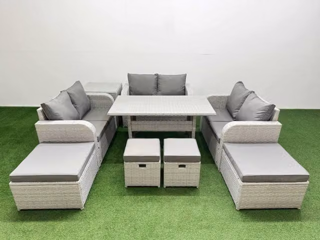 Fimous 10 Seater Rattan Lounge Sofa Set with Metal and Glass Details in Light Grey