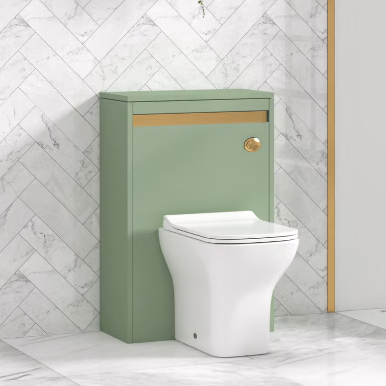 Orion Mint Sage Wall Mounted WC Unit with Qubix Rimless Toilet Pan, Slim Soft Close Seat and Cistern with Brushed Brass Accent Trim