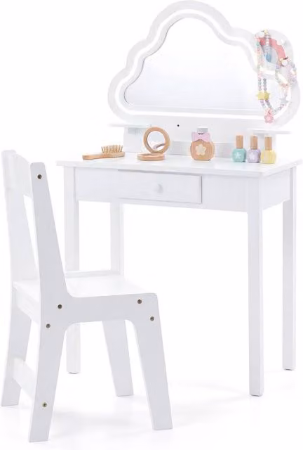 Costway Kids 2-in-1 Makeup Vanity Set with Lighted Cloud Mirror in White – 1