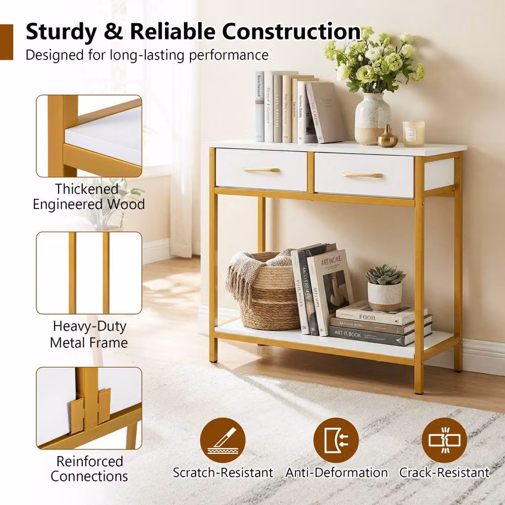 Gymax Narrow White Console Table with 2 Fabric Drawers and Industrial Wood Design – 3