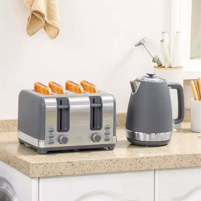 HOMCOM Stainless Steel Kettle and Toaster Set in Grey, 1.7 l Rapid Boil Jug Kettle with Auto Shut-off