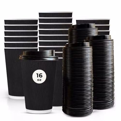 ECONX 500 Disposable Black Kraft Ripple Paper Coffee Cups with Lids, 16oz Insulated 3-Ply Takeaway Cups for Hot Beverages – 1