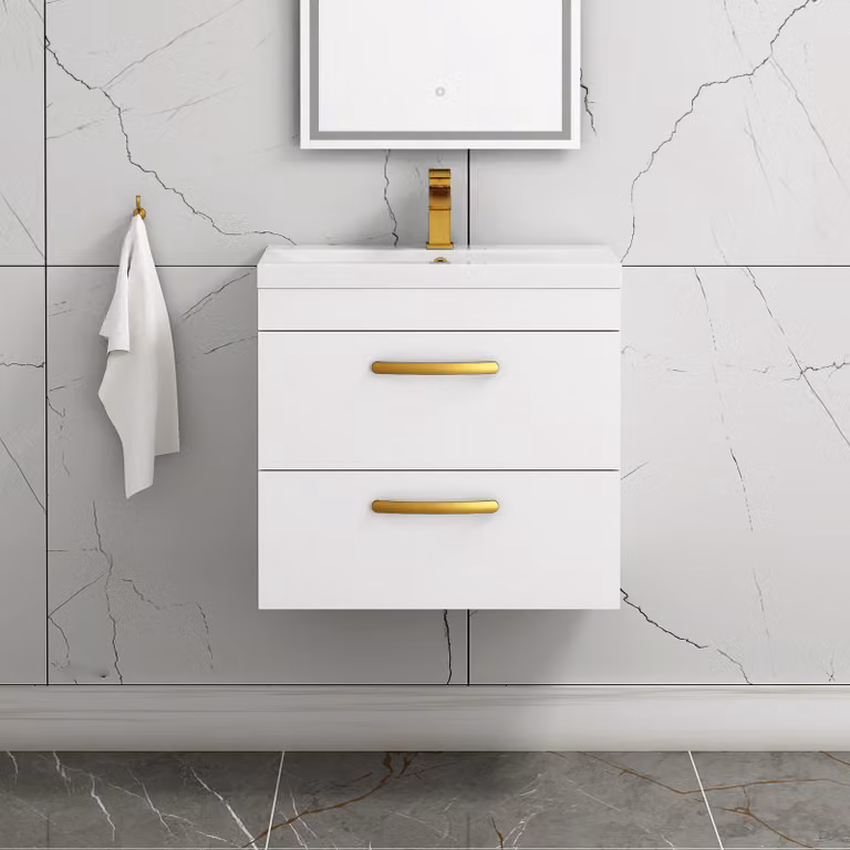 Royal Bathrooms Turin 600mm Wall Hung Gloss White Vanity Unit with 2 Drawers and Brushed Brass Handle
