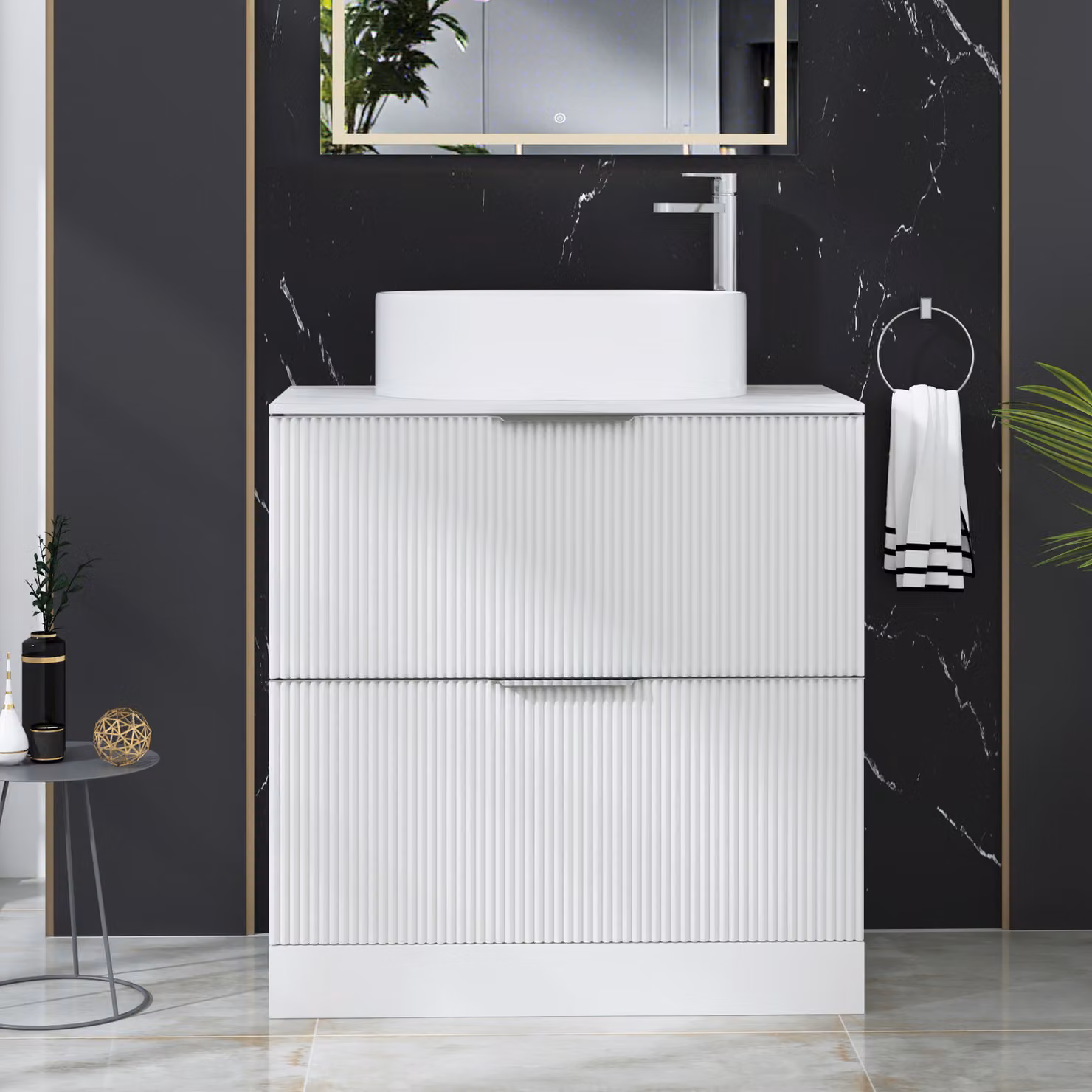 Royal Bathrooms Evora 800mm Matt White Fluted Floor Standing Countertop Vanity Unit with 2 Drawers and Peak Basin