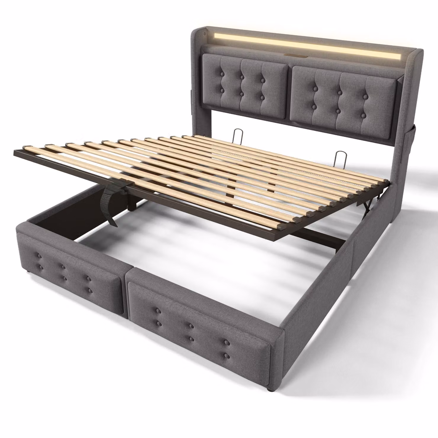 Aosom UK Grey Upholstered Double Bed Frame with Gas-Lift Storage and USB Charging Ports, H x W x D: 110 x 157 x 223 cm – 2