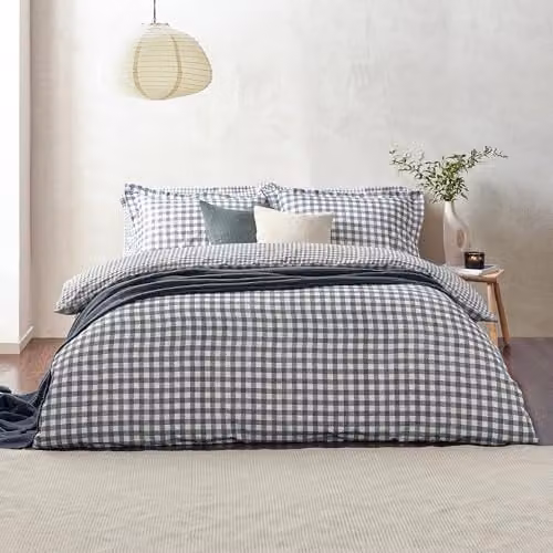 Riva Home Blue Checked Cotton Duvet Cover and Pillowcase Set, W/D/H: 90 x 200 cm