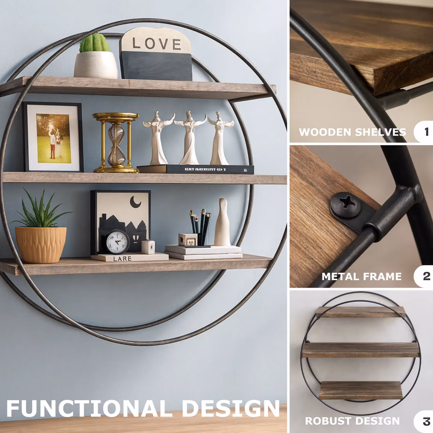 Rafaelo Mobilia Industrial 3 Tier Round Floating Wall Mounted Wooden Shelf in Brown and Black – 5