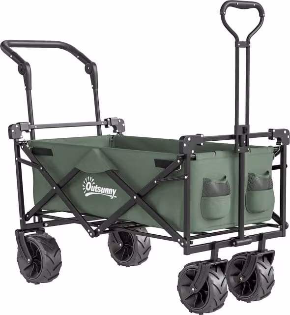 Outsunny Folding Trolley Storage Wagon with Overhead Canopy and 4 Wheels in Green – 1