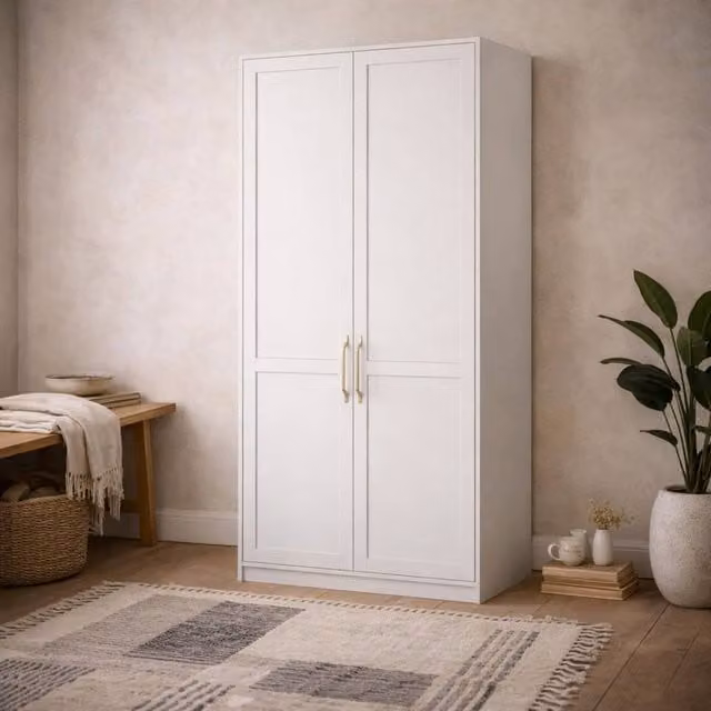 Wyld Haus Kahs White 2 Door Wooden Wardrobe with Brushed Brass Handles H 220 x W 100 x D 58 cm