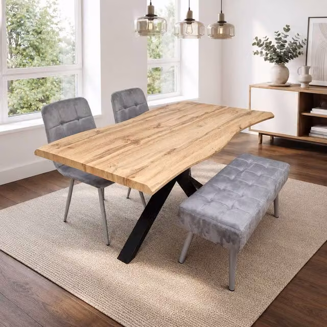 Kosy Koala Modern Dining Set with Rectangular Wood Table, 2 Grey Velvet Chairs and Padded Bench