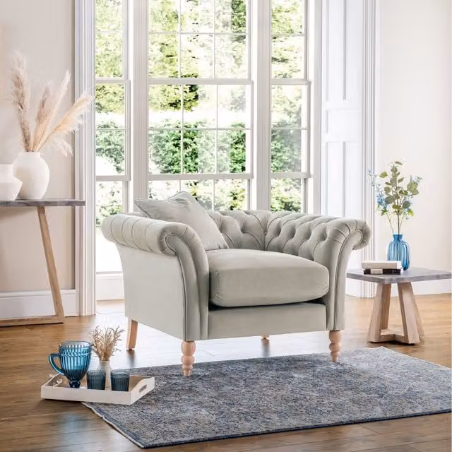 FurnitureboxUK Olivia Velvet Chesterfield Armchair in Ice Pale Grey with Feather Filling and Solid Wood Frame