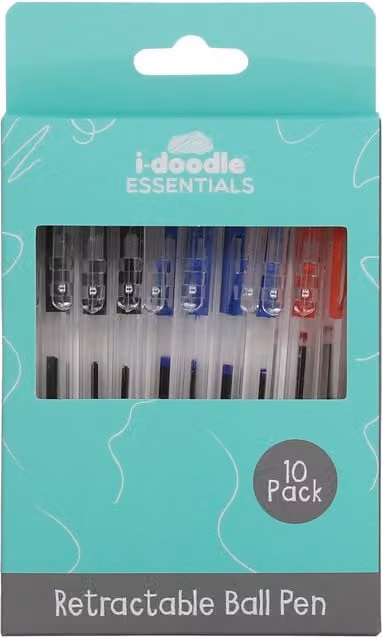 idoodle Essentials Pack of 10 Multicolour Retractable Ballpoint Pens in Blue, Black and Red