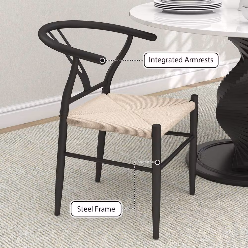 STILVORA Set of 2 Mid-Century Dining Chairs with Black Paper Rope Woven Seats and Armrests – 4
