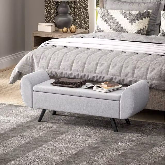 HOMCOM Upholstered Storage Ottoman Bench with Armrests in Light Grey