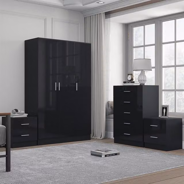 REFLECT Bedroom Furniture Bundle featuring 3-Door Plain Wardrobe, Chest of Drawers and 2 Bedside Tables in Black Gloss and Matt Black