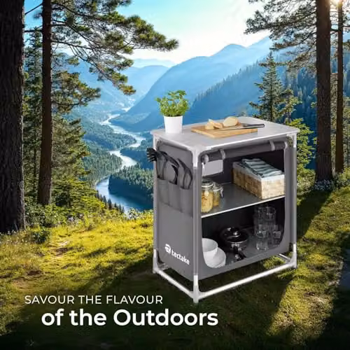 tectake Portable Camping Kitchen in Grey with Aluminium Frame, 2 Shelves, 3 External Pockets, Heat-Resistant Worktop and Zipped Door, W/D/H: 107 x 53.5 x 76 cm – 8